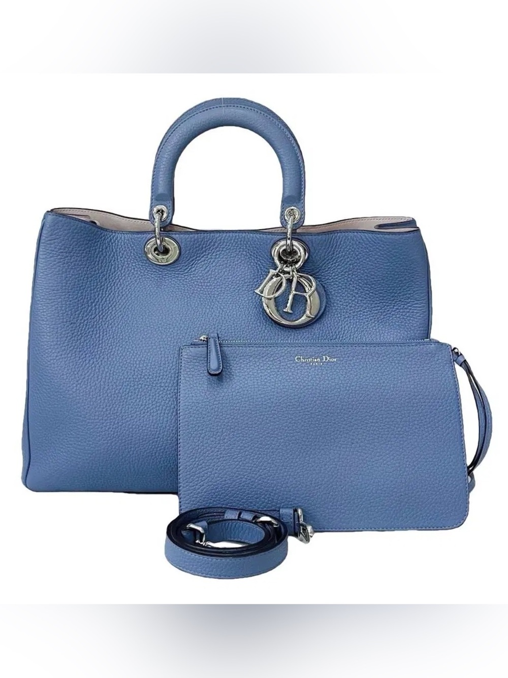 Dior Powder Blue Pebbled Leather Tote with Pouch and Strap